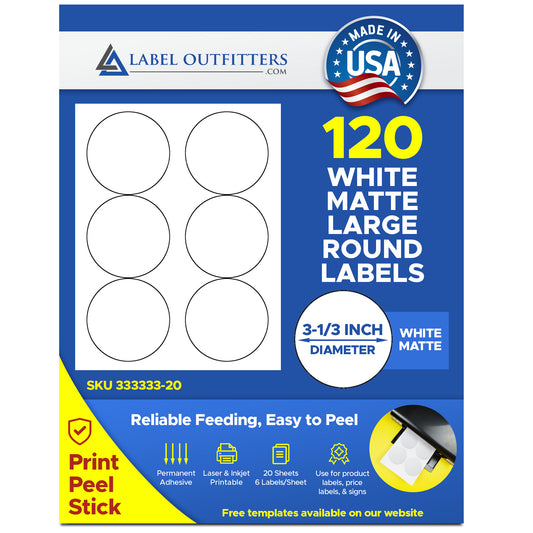 120 Large Round 3-1/3" Diameter White Matte Laser Inkjet Labels 20 Sheets 6 Labels Per Sheet
