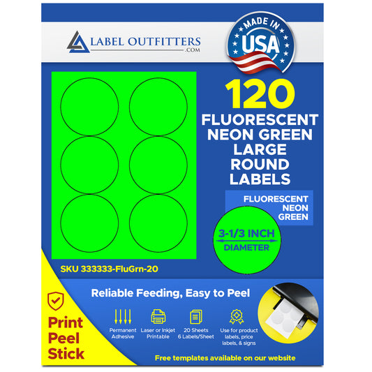 120 Round Fluorescent Neon Green Labels 3-1/3" 6 Labels per Sheet 20 Sheets