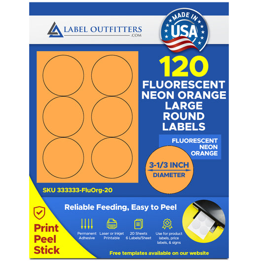 120 Round Neon Labels 3.33 inch Fluorescent Orange Stickers, 6 Labels per Sheet, 20 Sheets