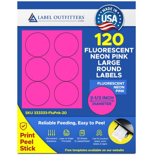 120 Round Fluorescent Neon Pink (Magenta) Labels 3.33" Diameter 6 Labels per Sheet 20 Sheets