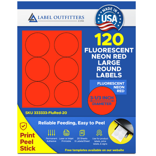 120 Round Fluorescent Neon Red Labels 3.33" Diameter 6 Labels per Sheet 20 Sheets