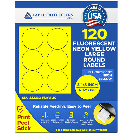 120 Round Fluorescent Yellow Neon Labels 3.33" Diameter 6 Labels per Sheet 20 Sheets