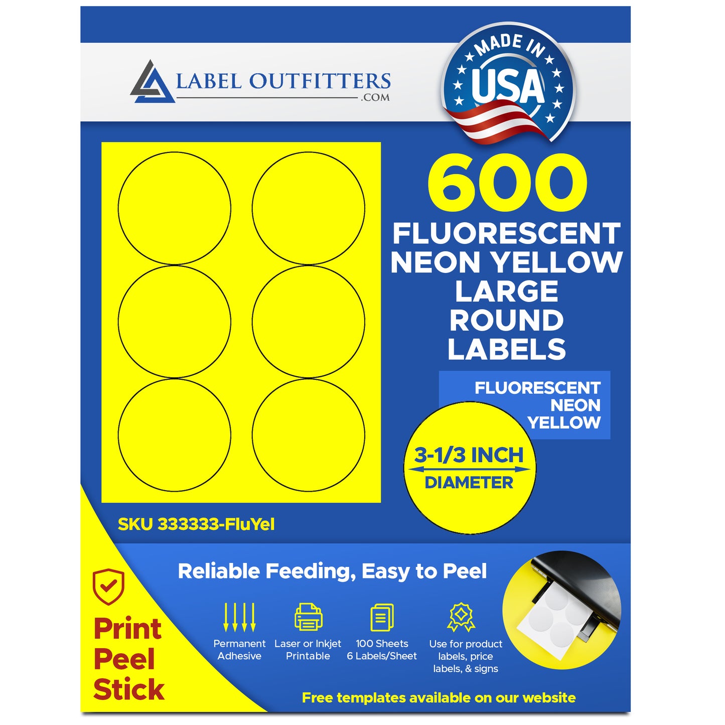 600 Round 3-1/3" Fluorescent Neon Yellow 6 Labels per Sheet 100 Sheets