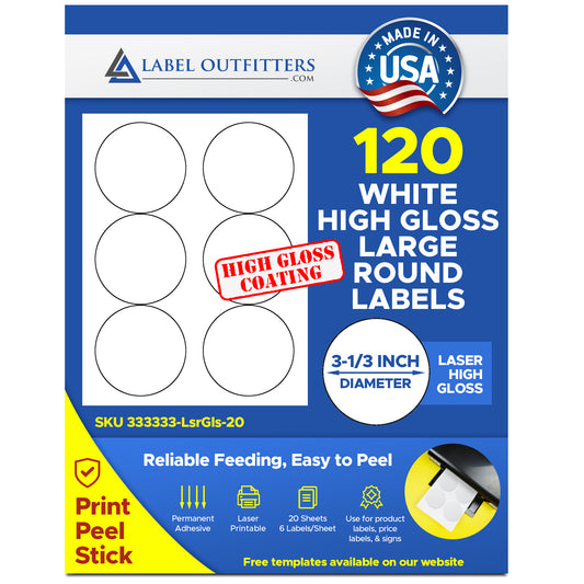 120 White Laser High Gloss 3.33" Diameter Round Laser Labels 6 Labels Per Sheet 20 Sheets