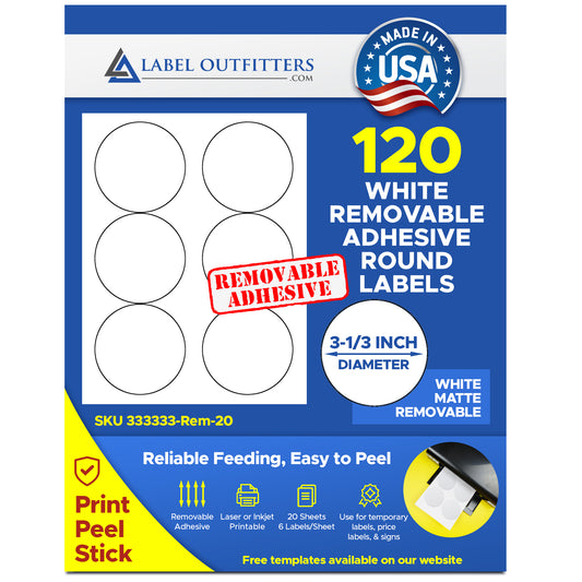 120 Removable Adhesive White Matte 3-1/3" Round Laser Inkjet Labels 6 Labels Per Sheet 20 Sheets