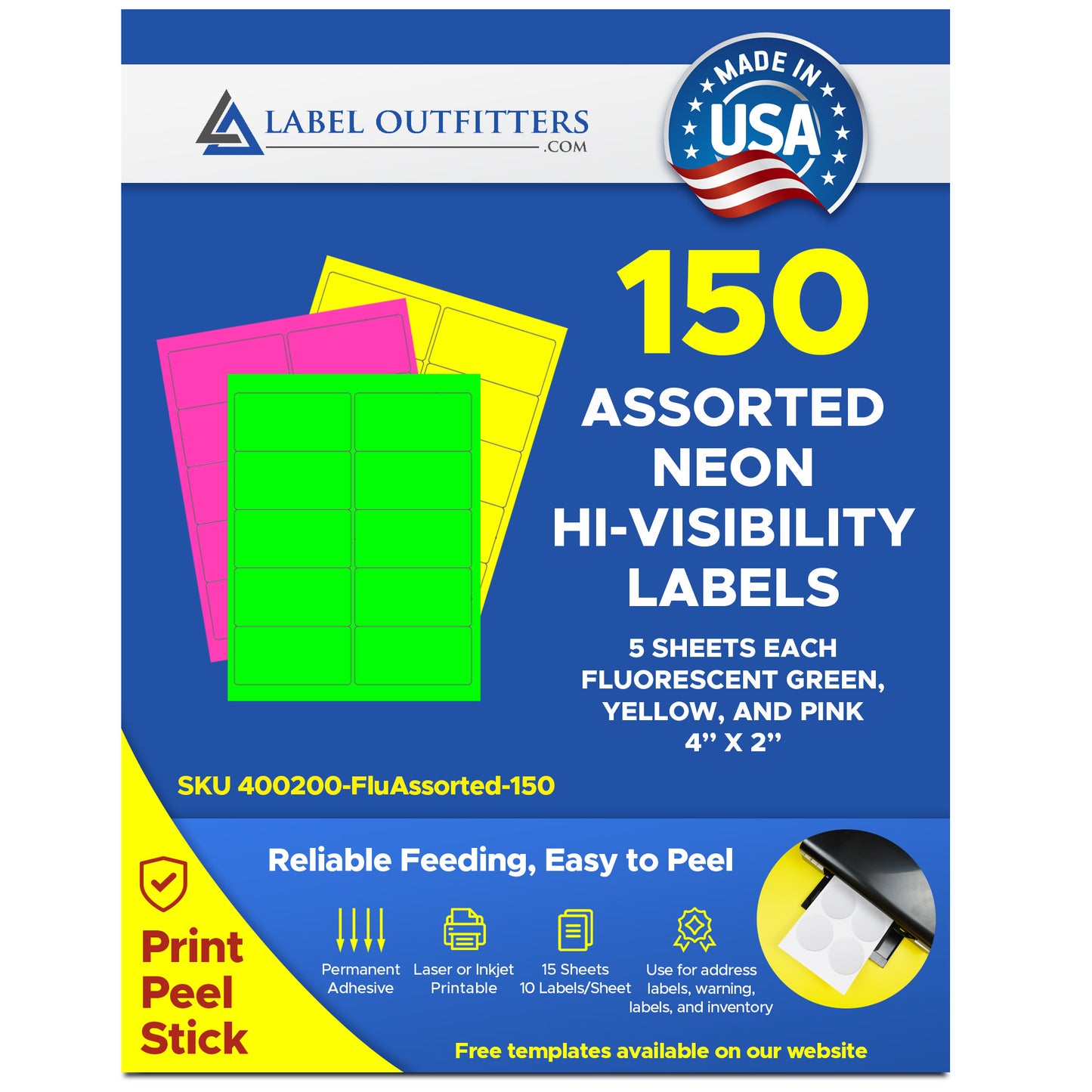 150 Fluorescent Neon Labels,4 x 2, Laser Printers Only, 5 Sheets, Avery® 5978 Configuration, 50 Labels each of Neon Green, Neon Yellow and Neon Magenta