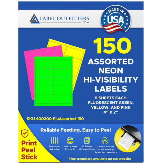 150 Fluorescent Neon Labels,4 x 2, Laser Printers Only, 5 Sheets, Avery® 5978 Configuration, 50 Labels each of Neon Green, Neon Yellow and Neon Magenta