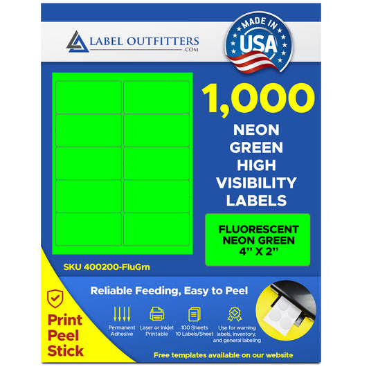 1,000 Label Outfitters® Fluorescent Neon Green LASER ONLY 4 x 2 Labels use Avery® 5163, Compulabel® 312142 Template 100 Sheets