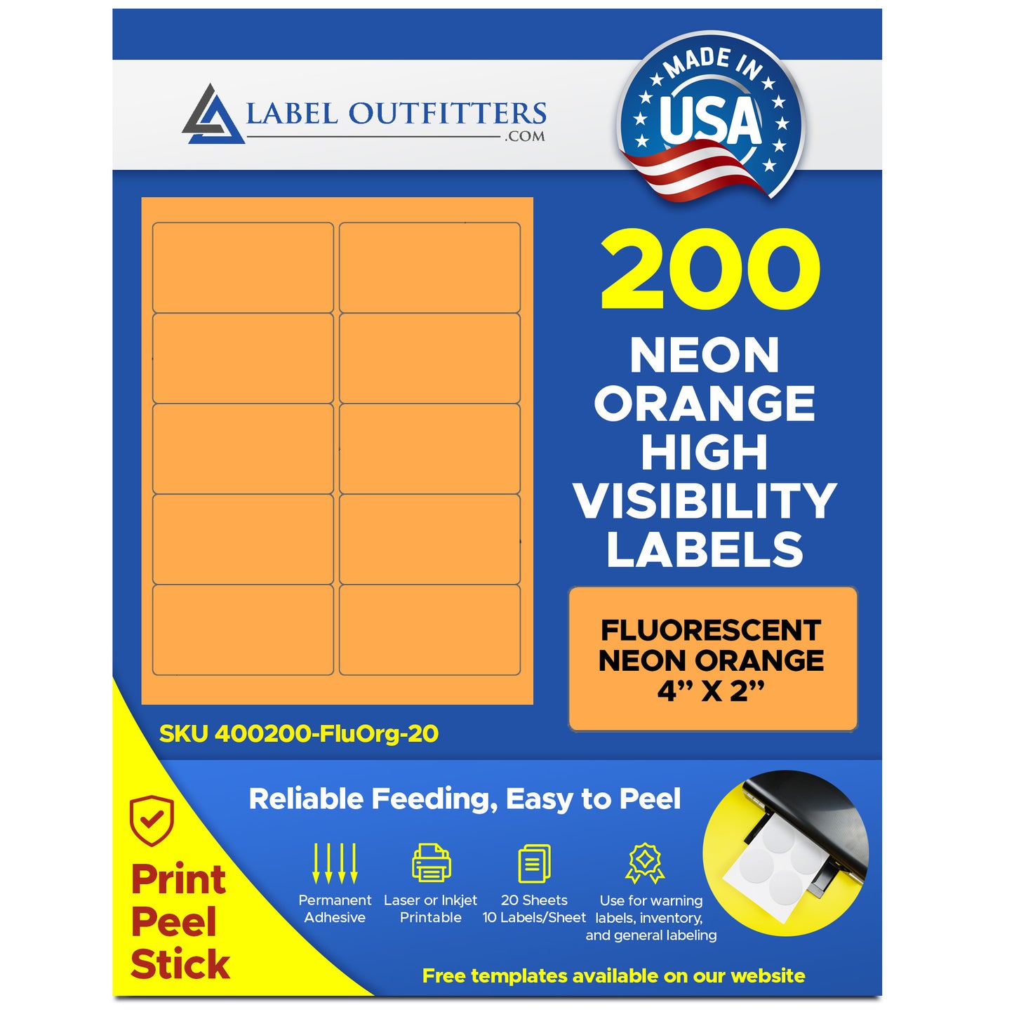 200 Fluorescent Neon Orange Laser Only Labels, 4 x 2, 20 Sheets, 10 per Sheet use Avery® 5163 Template
