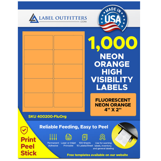 1,000 Label Outfitters® Fluorescent Neon Orange LASER ONLY 4 x 2 Labels use Avery® 5163, Compulabel® 312197 Template, 100 Sheets