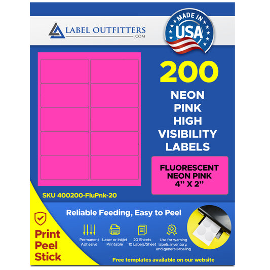 200 Neon Fluorescent Magenta or Pink Labels, 4 x 2, 20 Sheets use Avery® 5163 Template Laser Printers Only