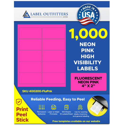 1,000 Label Outfitters® Fluorescent Neon Pink or Magenta LASER ONLY 4 x 2 Labels use Avery® 5163, Compulabel® 312164 Template, 100 Sheets