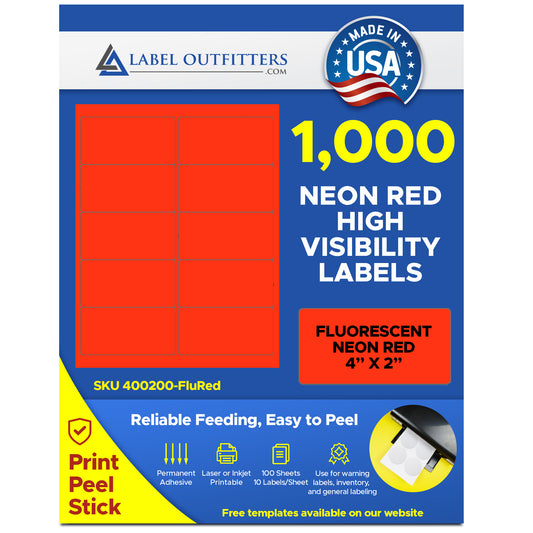 1,000 Label Outfitters® Fluorescent Neon Red LASER ONLY 4 inch x 2 inch Labels, use Avery® 5163, Compulabel® 312175 Template, 100 Sheets