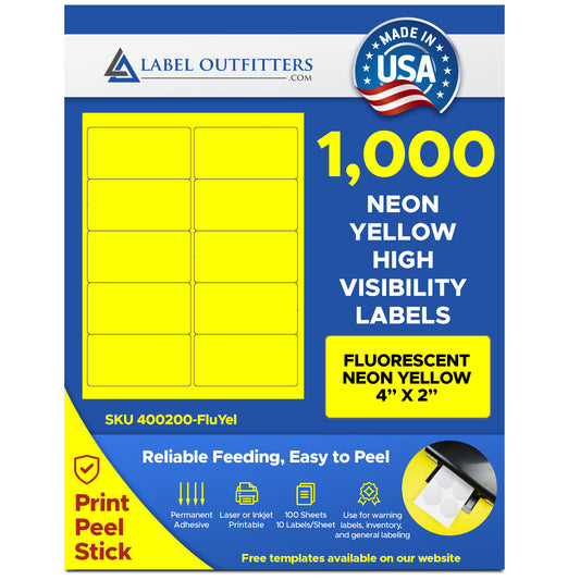 1,000 Label Outfitters® Fluorescent Neon Yellow LASER ONLY 4 x 2 Labels use Avery® 5163, Compulabel® 312186 Template, 100 Sheets