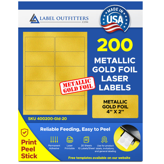 200 Gold Foil Glossy Laser ONLY Labels, 4 x 2, 10 Labels per Sheet, 20 Sheets use Avery® 5163 Template