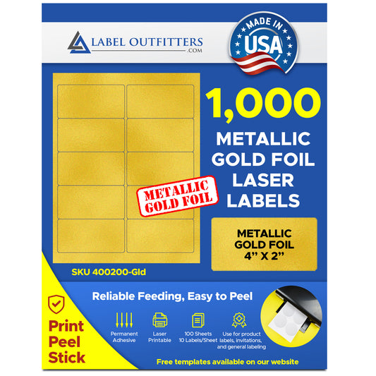 1,000 Label Outfitters® Glossy 4 x 2 inch Gold Metallic Foil Laser Only Labels
