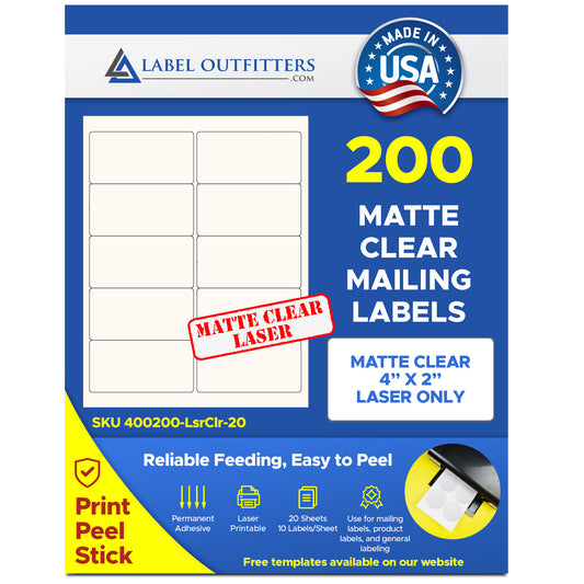 Matte Clear Laser Printer Mailing Labels 4" x 2" by Label Outfitters® - 20 Sheets - 200 Labels