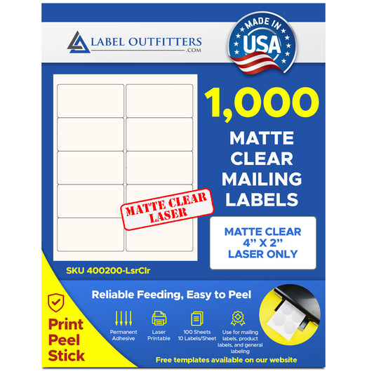 Matte Clear Laser Printer Mailing Labels 4" x 2" by Label Outfitters® - 100 Sheets - 1,000 Labels