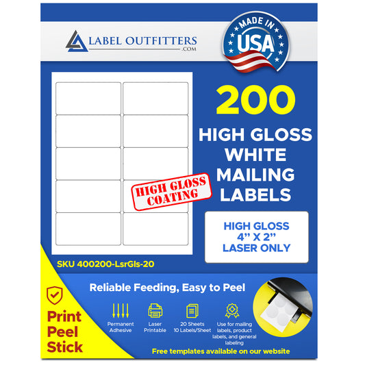 White High Gloss Laser Printer Labels 4" x 2" by Label Outfitters® - 20 Sheets - 200 Labels