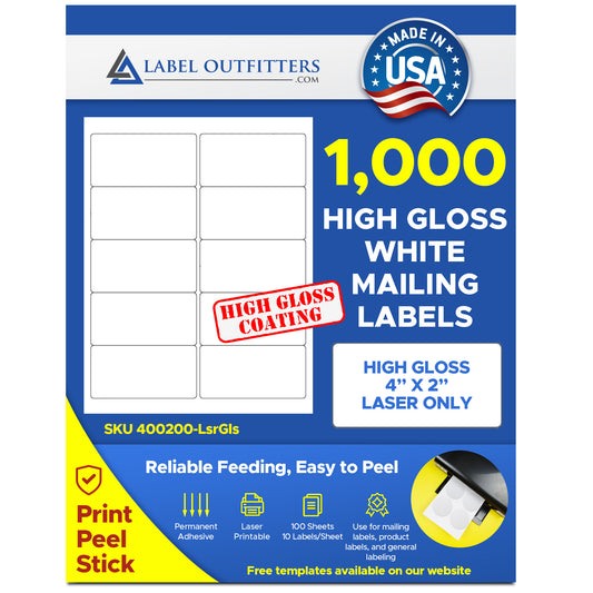 White High Gloss Laser Printer Labels 4" x 2" by Label Outfitters® - 100 Sheets - 1,000 Labels