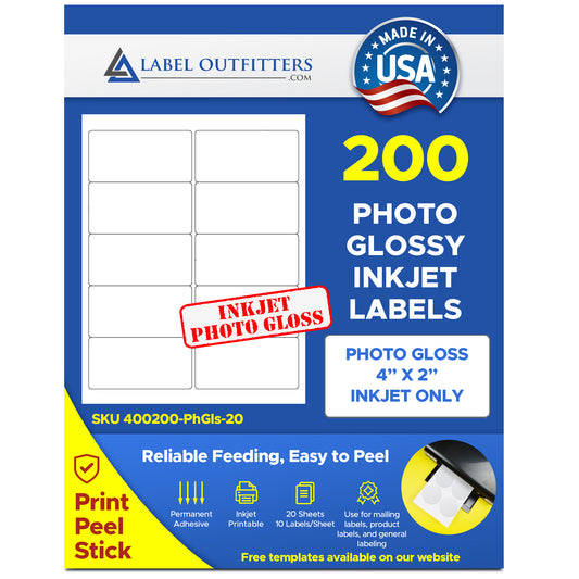 200 Photo Glossy Inkjet Printers ONLY Labels, 4 x 2 inches 20 Sheets Use Avery® 5163 Template