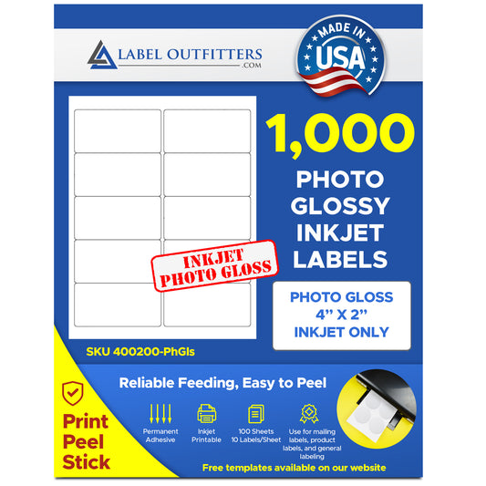 1,000 Photo Glossy Inkjet Printers ONLY Labels, 4 x 2 inches 100 Sheets Use Avery® 5163 Template