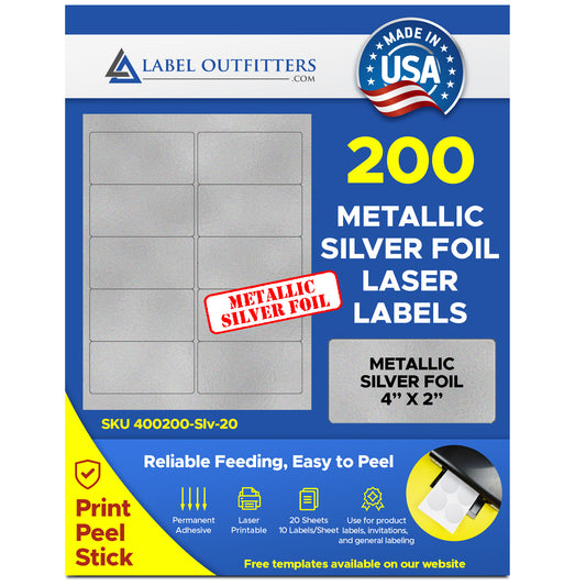 200 Silver Metallic Foil 4 x 2 inches Laser ONLY Labels use Avery® 5163 Template, 20 Sheets with 10 Labels per Sheet
