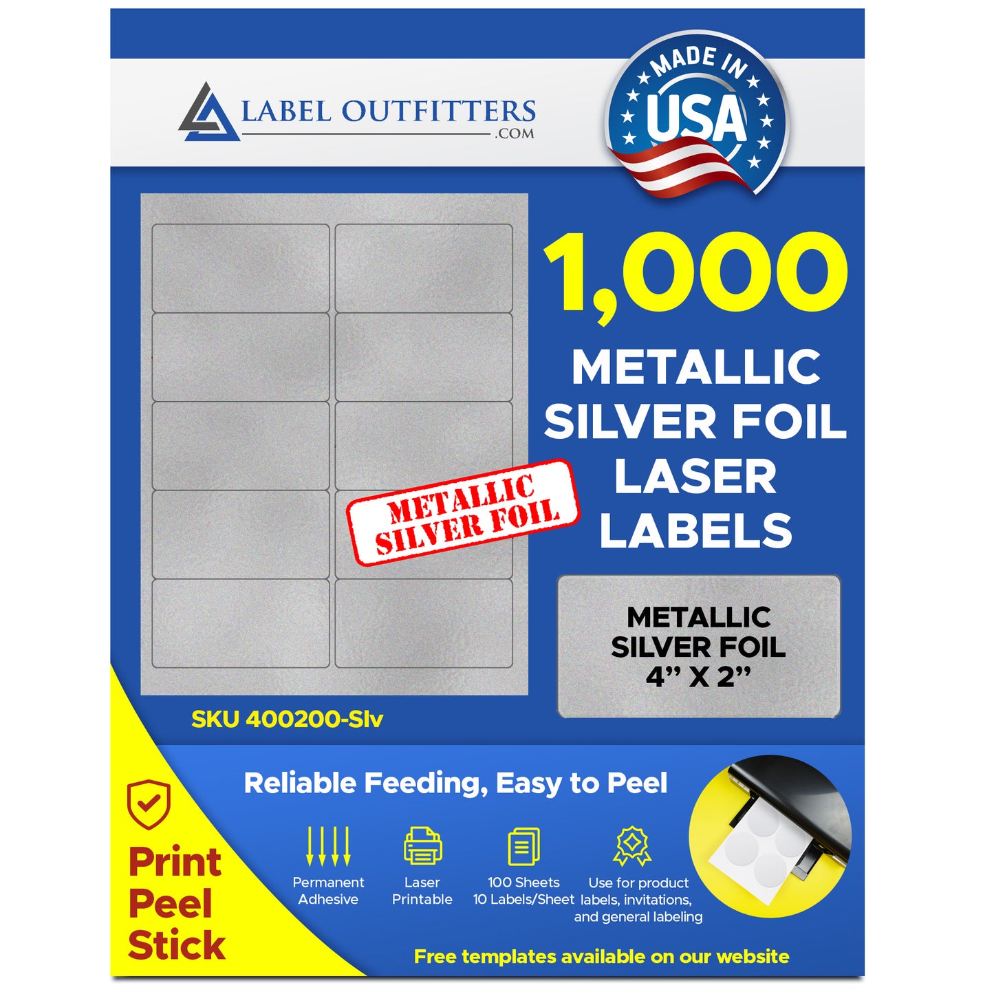 1,000 4 x 2 inch Silver Metallic Foil Laser ONLY Labels, 10 Labels per Sheet, 100 Sheets use Avery® 5163 template