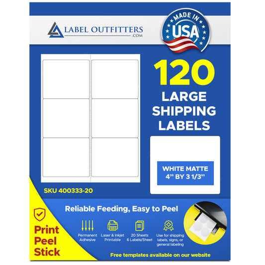 120 Whiote Matte Printable Shipping Labels 4" x 3-1/3" 20 Sheets 6 per Sheet