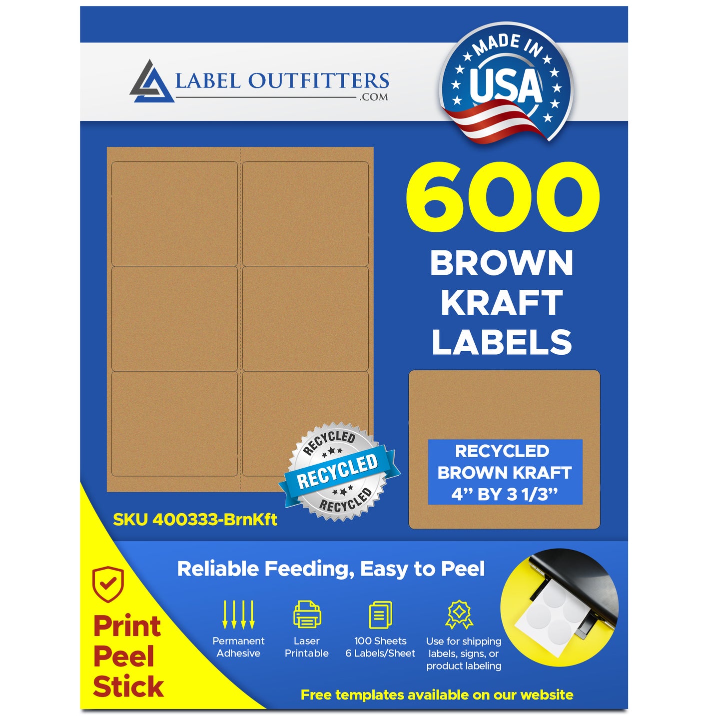600 Brown Kraft Labels 4" x 3-1/3" 6 Labels per Sheet 100 Sheets
