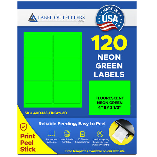 120 Fluorescent Neon Green Labels, 4 x 3-1/3, 6 Labels per Sheet, 20 Sheets