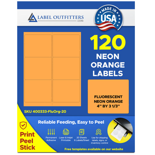 120 Fluorescent Neon Orange Labels, 4 x 3-1/3, 20 Sheets use Avery® 5164 Uline S-3848-O Template