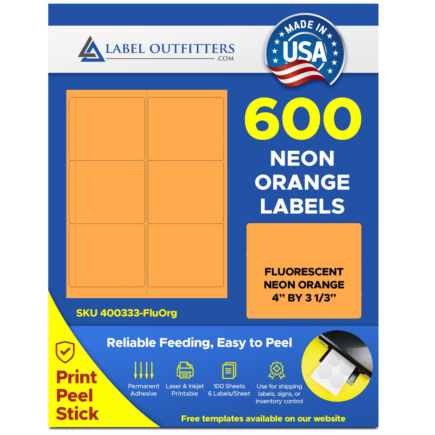600 Fluorescent Neon Orange Labels, 4 x 3-1/3, 100 Sheets use Avery® 5164 Uline S-3848-O Format Template