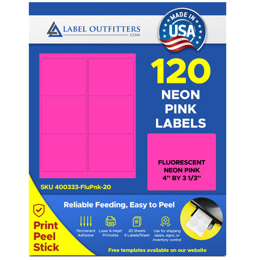 120 Fluorescent Neon Pink Labels, 4 x 3-1/3, 20 Sheets use Avery® 5164 Template