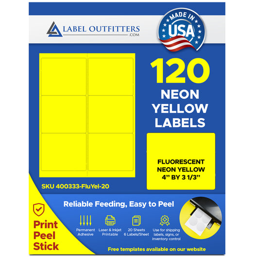 120 Fluorescent Neon Yellow Laser Only Labels, 4 x 3-1/3, 20 Sheets with 6 Labels per Sheet, use Compulabel® 312401 Avery® 5164 Template