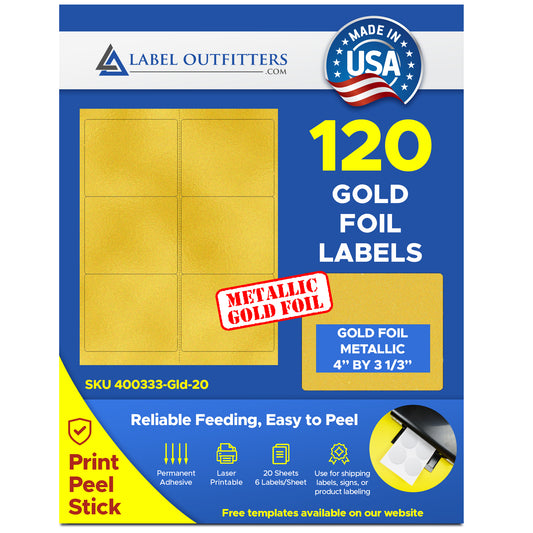 120 Gold Metallic Foil 4" x 3-1/3" Laser Labels, 20 Sheets with 6 Labels per Sheet
