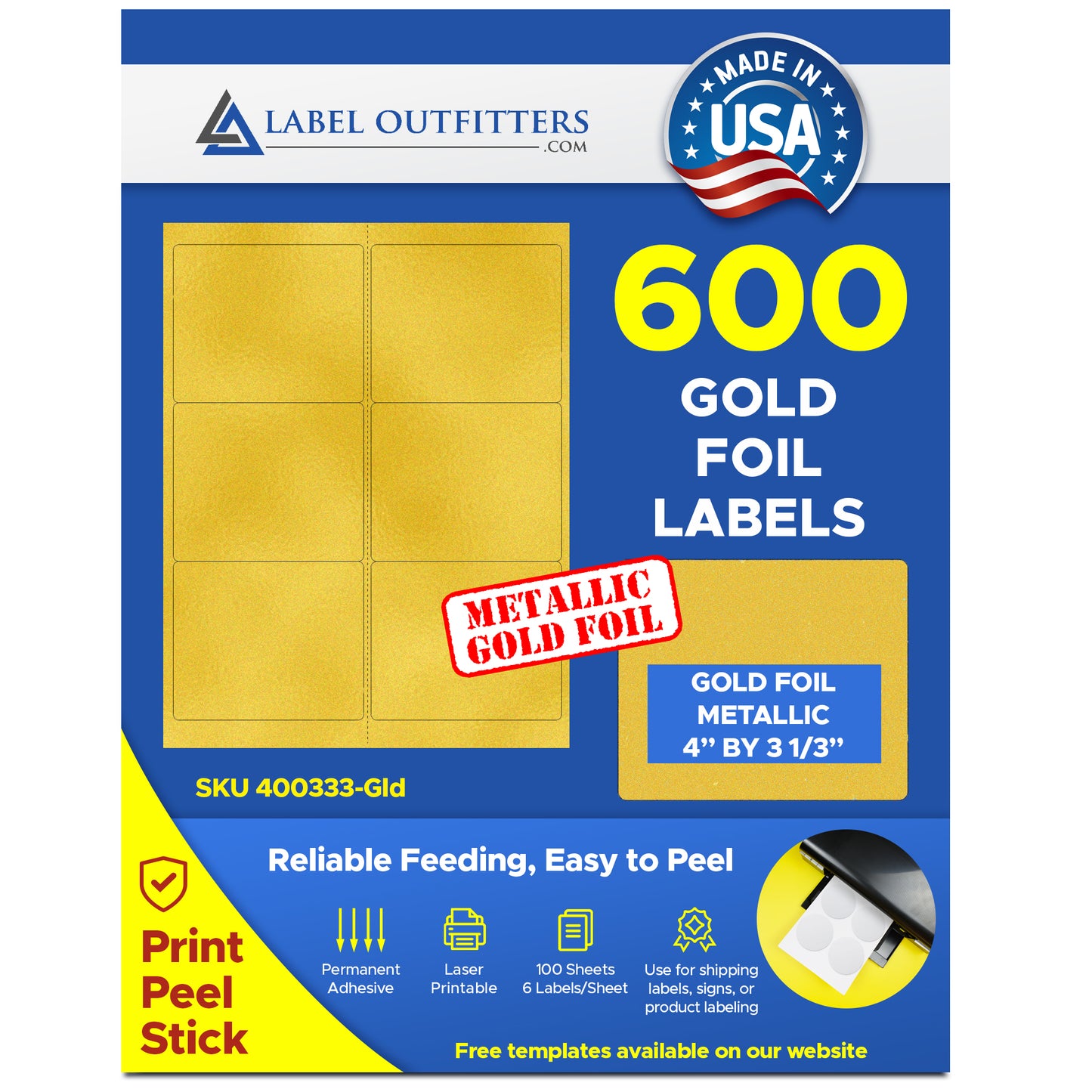 600 Gold Metallic Foil Laser Labels 4" x 3-1/3" 100 Sheets 6 Labels per Sheet