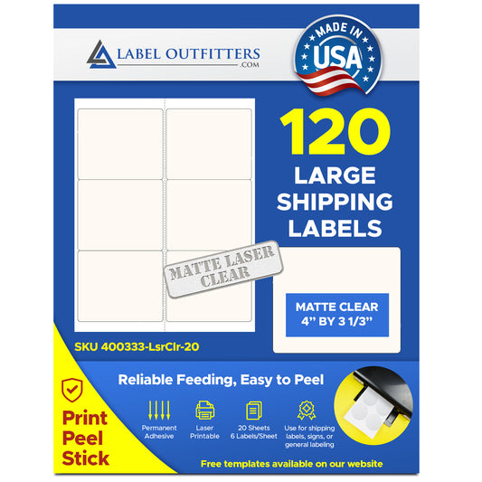 120 Laser Only Matte Frosty Clear Labels 4x 3-1/3" 6 Labels Per Sheet 20 Sheets