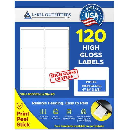 120 Laser ONLY Glossy Labels, 4" x 3.33", 6 Labels per Sheet, 20 Sheets use Avery® 5164 Template