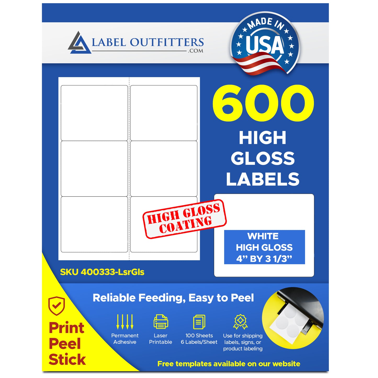 600 White Laser ONLY Glossy Labels 4 x 3-1/3 , 6 per Sheet, use Avery® 5164 template