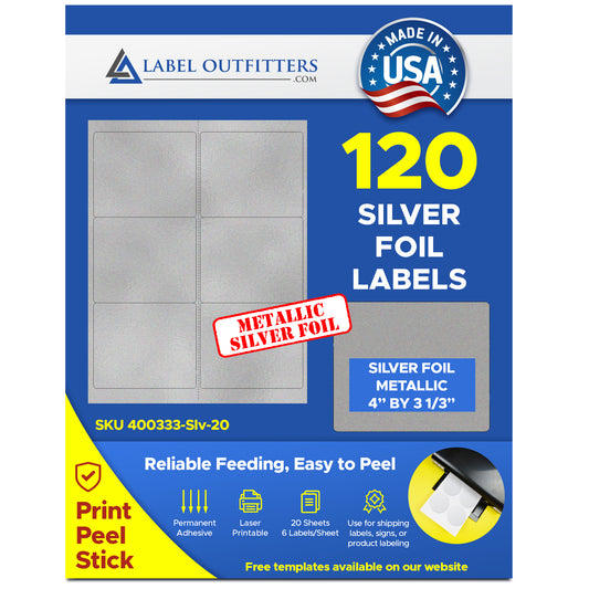 120 Silver Metallic Foil Laser Labels 4" x 3.33" 6 Labels per Sheet 20 Sheets
