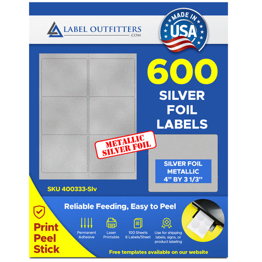 600 Silver Metallic Foil Labels 4" x 3-1/3" 100 Sheets with 6 Labels per Sheet