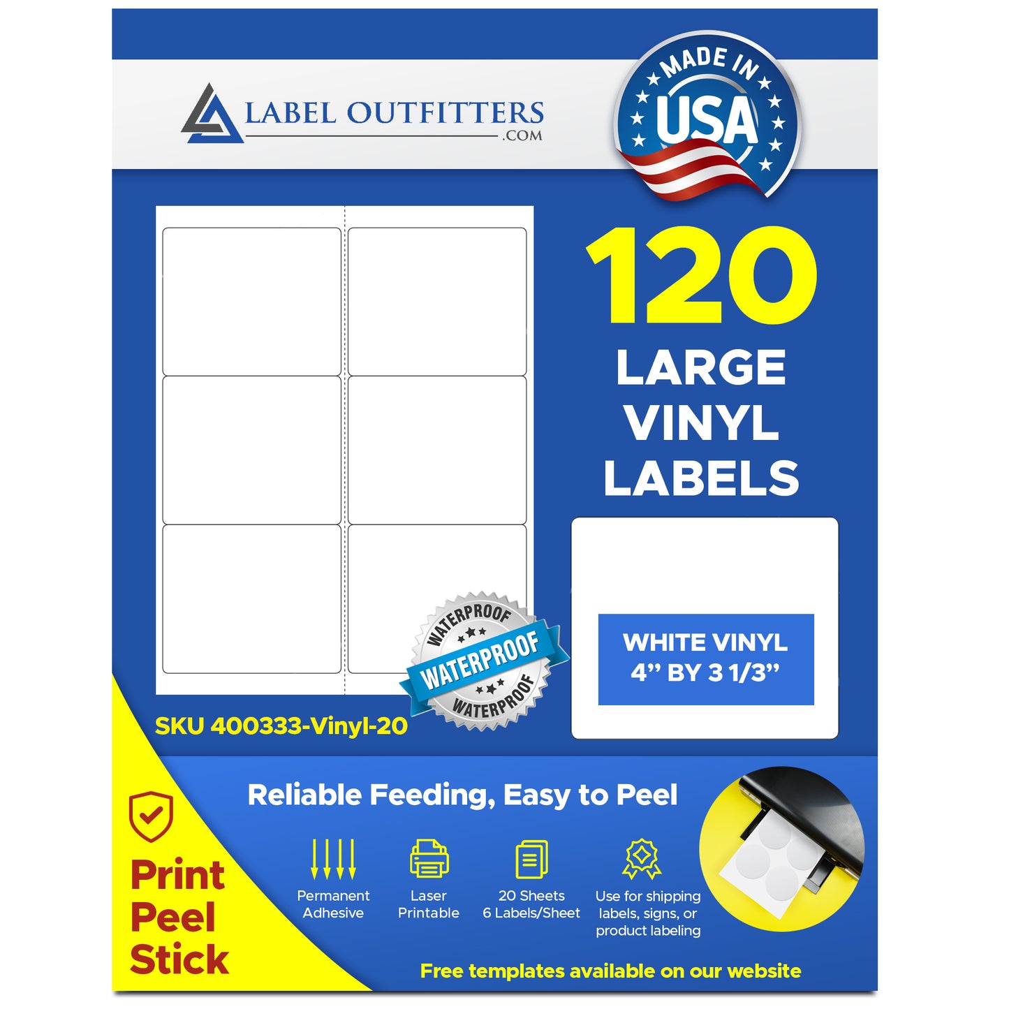 120 White Vinyl Waterproof - Weatherproof Shipping Labels Laser ONLY Durable Labels, 4 x 3-1/3, 20 Sheets, 120 Labels Avery® 5524 Template
