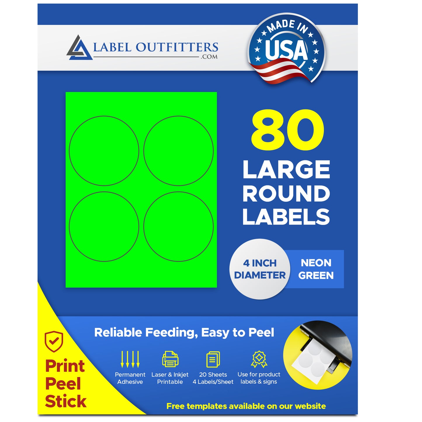 80 Large Round Fluorescent Neon Green High Visibility 4" Diameter Labels by Label Outfitters® - 4 Labels Per Sheet - 20 Sheets