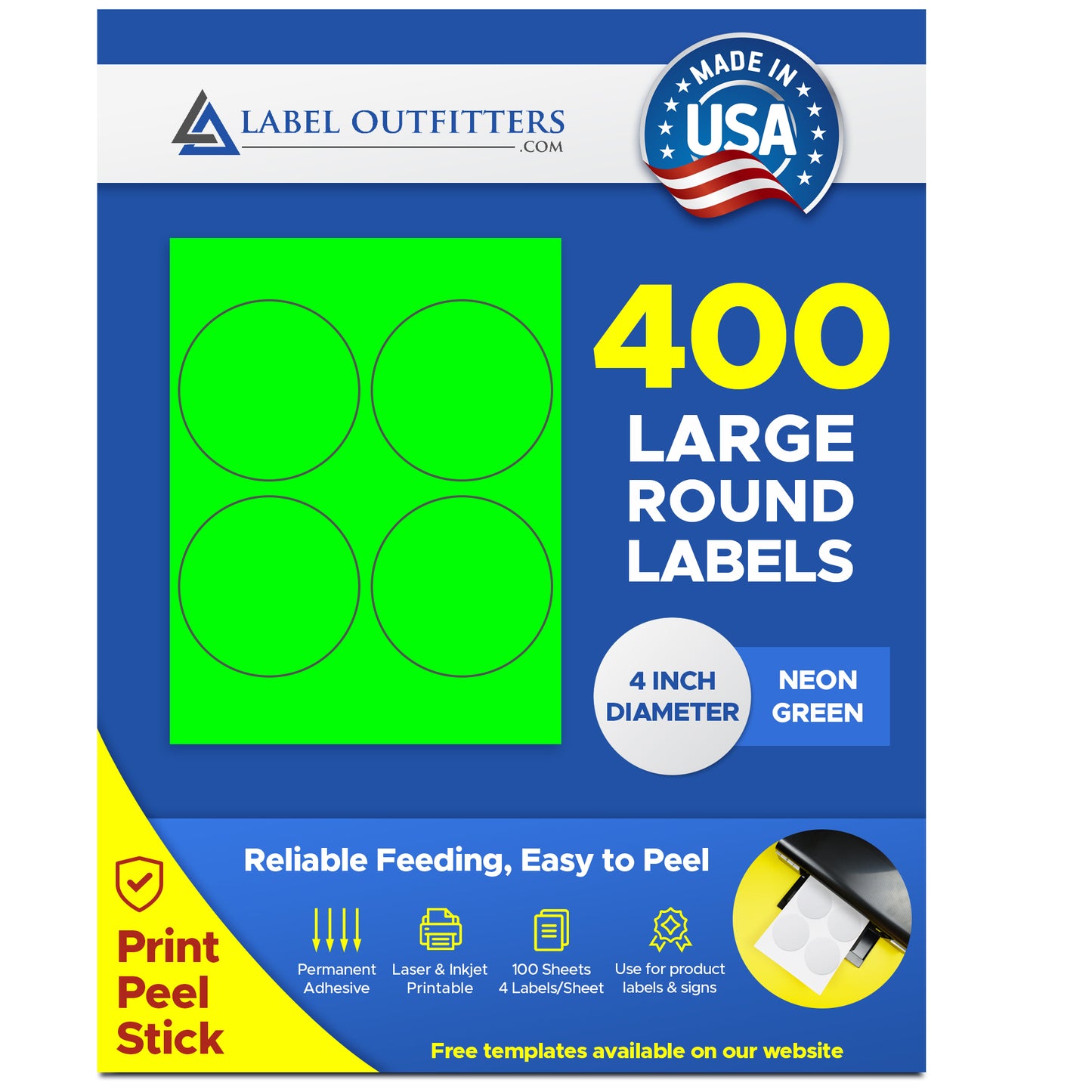 400 Large Round Fluorescent Neon Green High Visibility 4" Labels by Label Outfitters® - 4 Labels Per Sheet - 100 Sheets