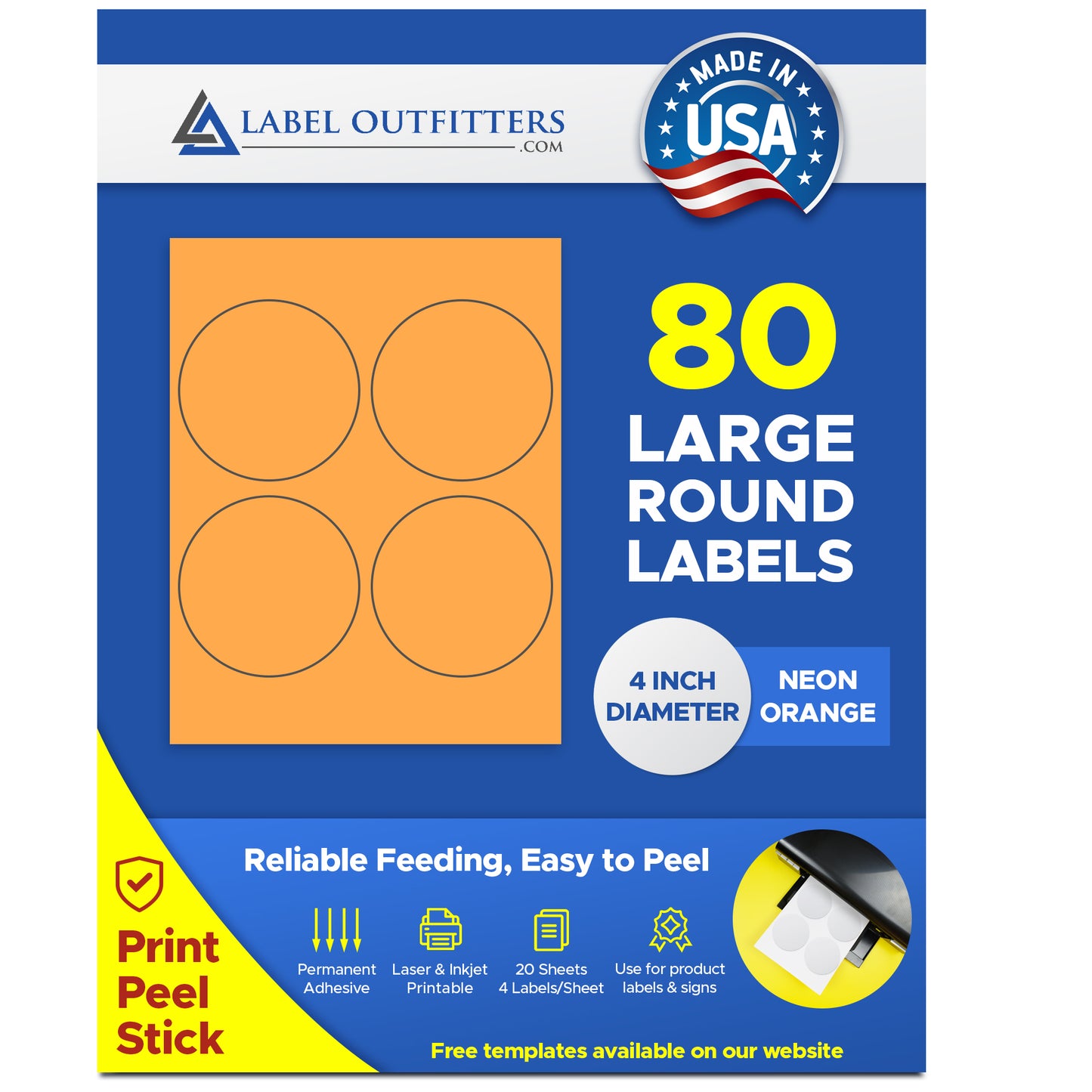 80 Large Round Fluorescent Neon Orange High Visibilty 4" Labels by Label Outfitters® - 4 Labels Per Sheet - 20 Sheets