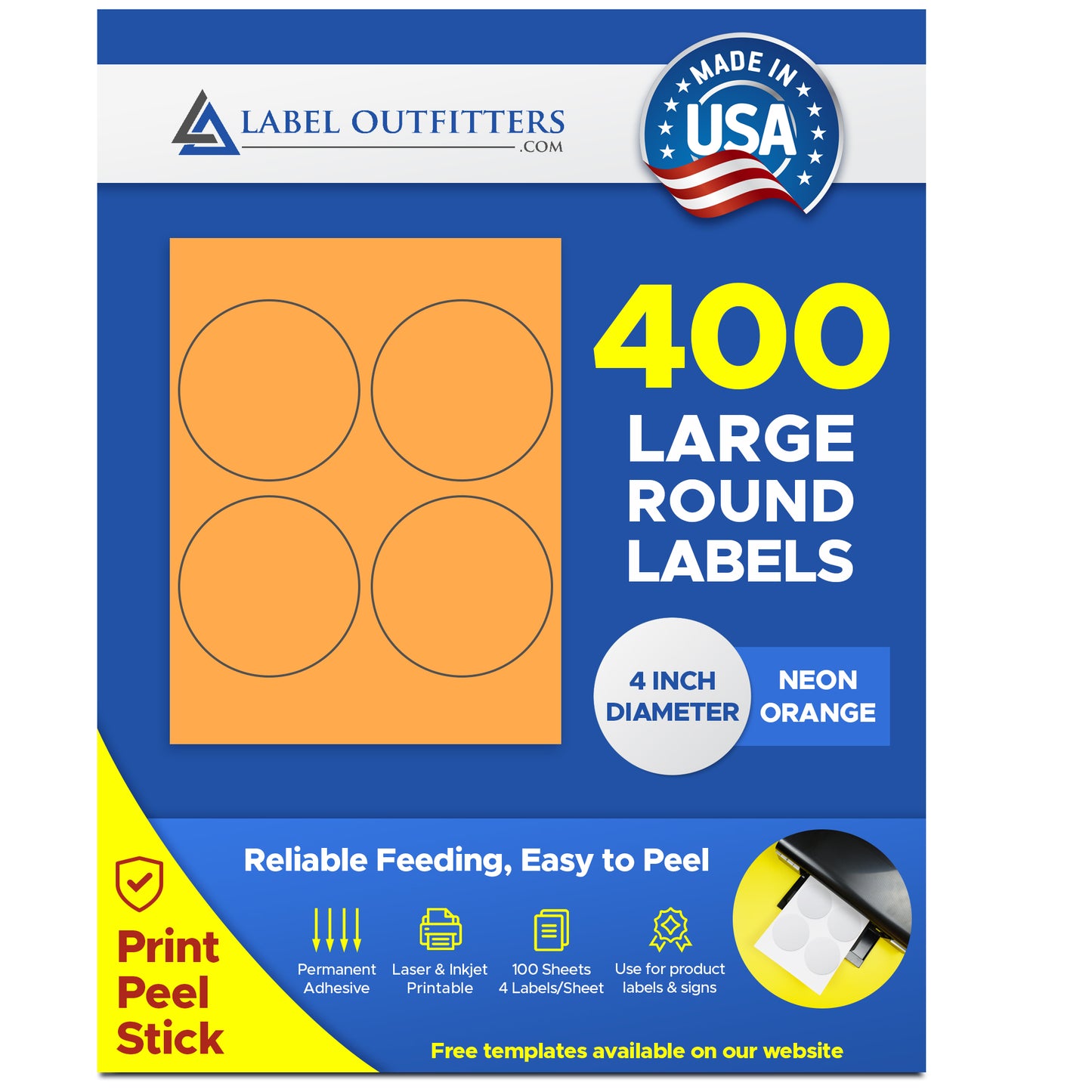 400 Large Round Fluorescent Neon Orange High Visibility 4" Diameter Labels by Label Outfitters® - 4 Labels Per Sheet - 100 Sheets