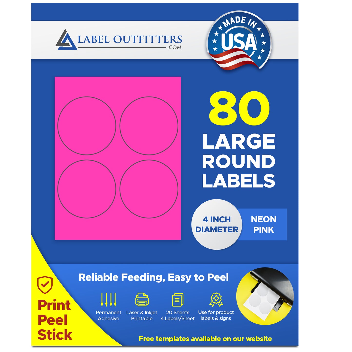 80 Large Round Fluorescent Neon Pink High Visiblity 4" Diameter Labels by Label Outfitters® - 4 Labels Per Sheet - 20 Sheets