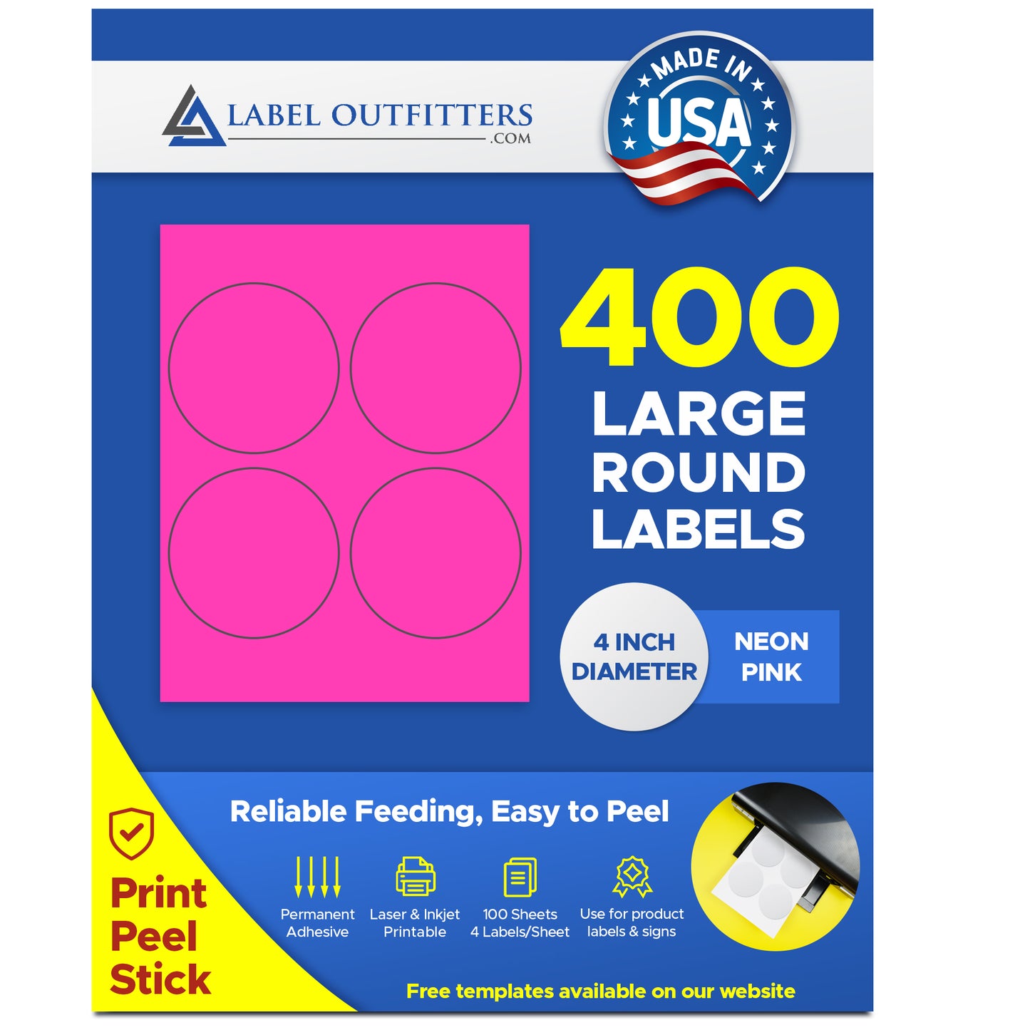 400 Large Round Fluorescent Neon Pink High Visibility 4" Diameter Labels by Label Outfitters® - 4 Labels Per Sheet - 100 Sheets