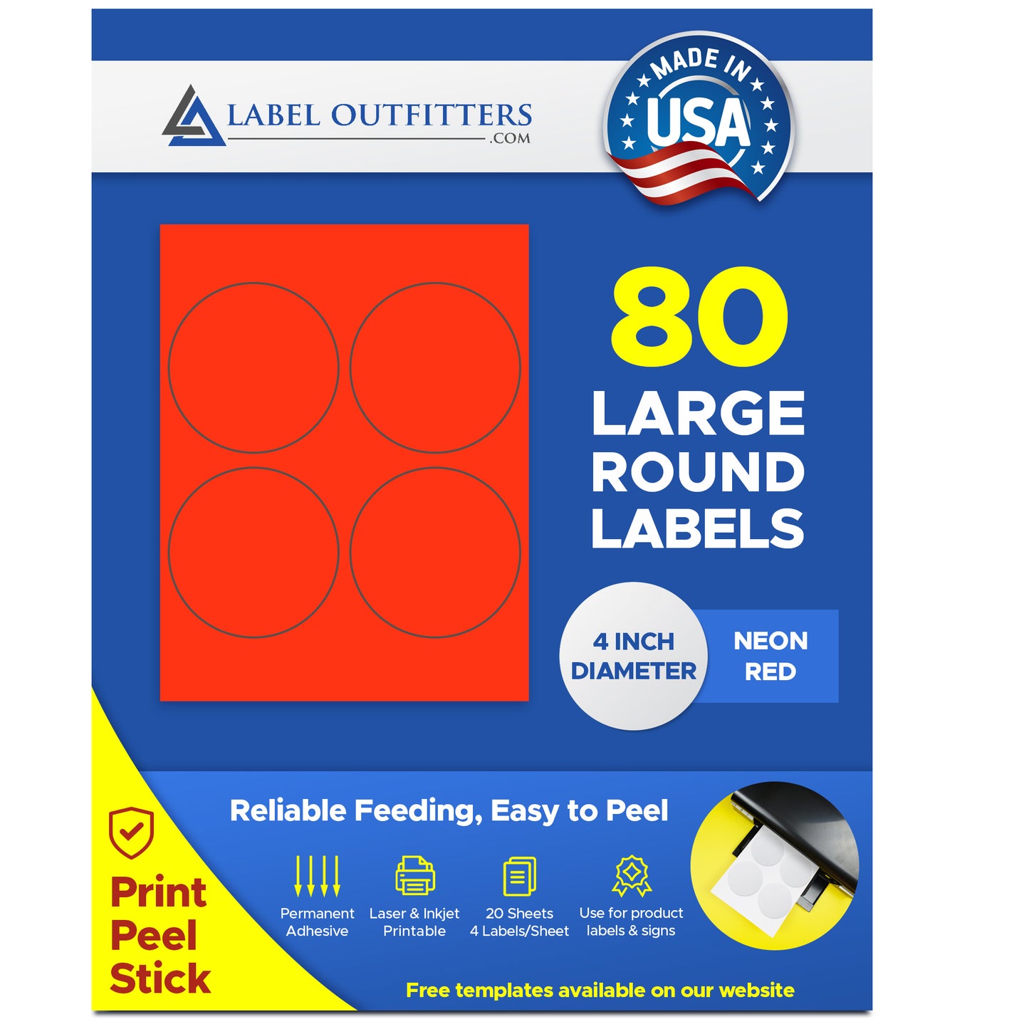 80 Large Round Laser Fluorescent Neon Red 4" Diameter Labels by Label Outfitters® - 4 Labels Per Sheet - 20 Sheets